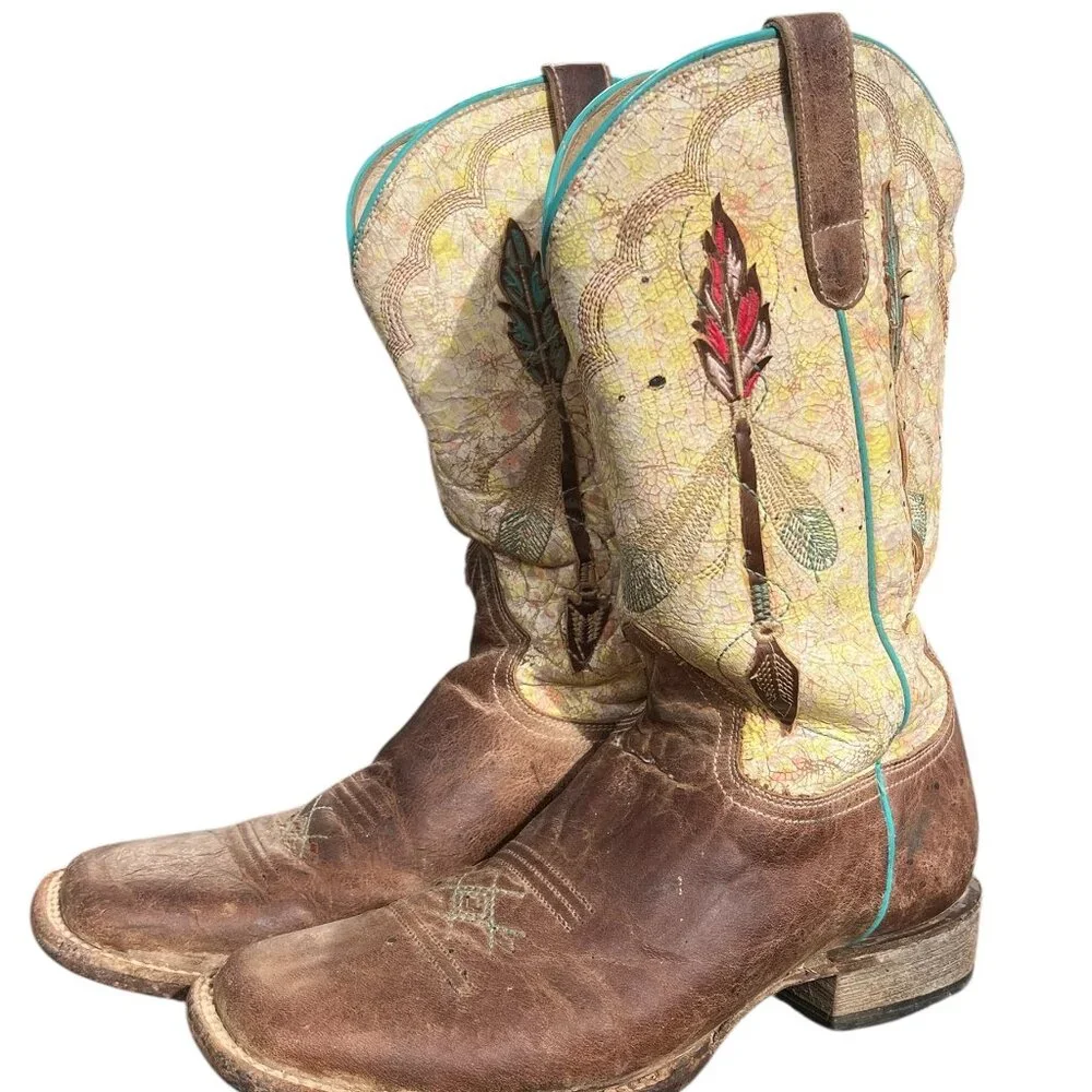 Roper Western Boots Women's Size 7.5 US Arrow Feather Embriodered Tan Leather Th - Picture 2 of 12